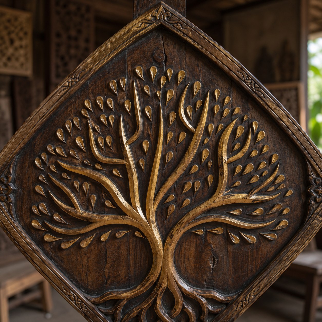 Carved wooden Tree of Life, a Majapahit-era motif symbolizing the firm's deep Indonesian heritage and cross-border continuity