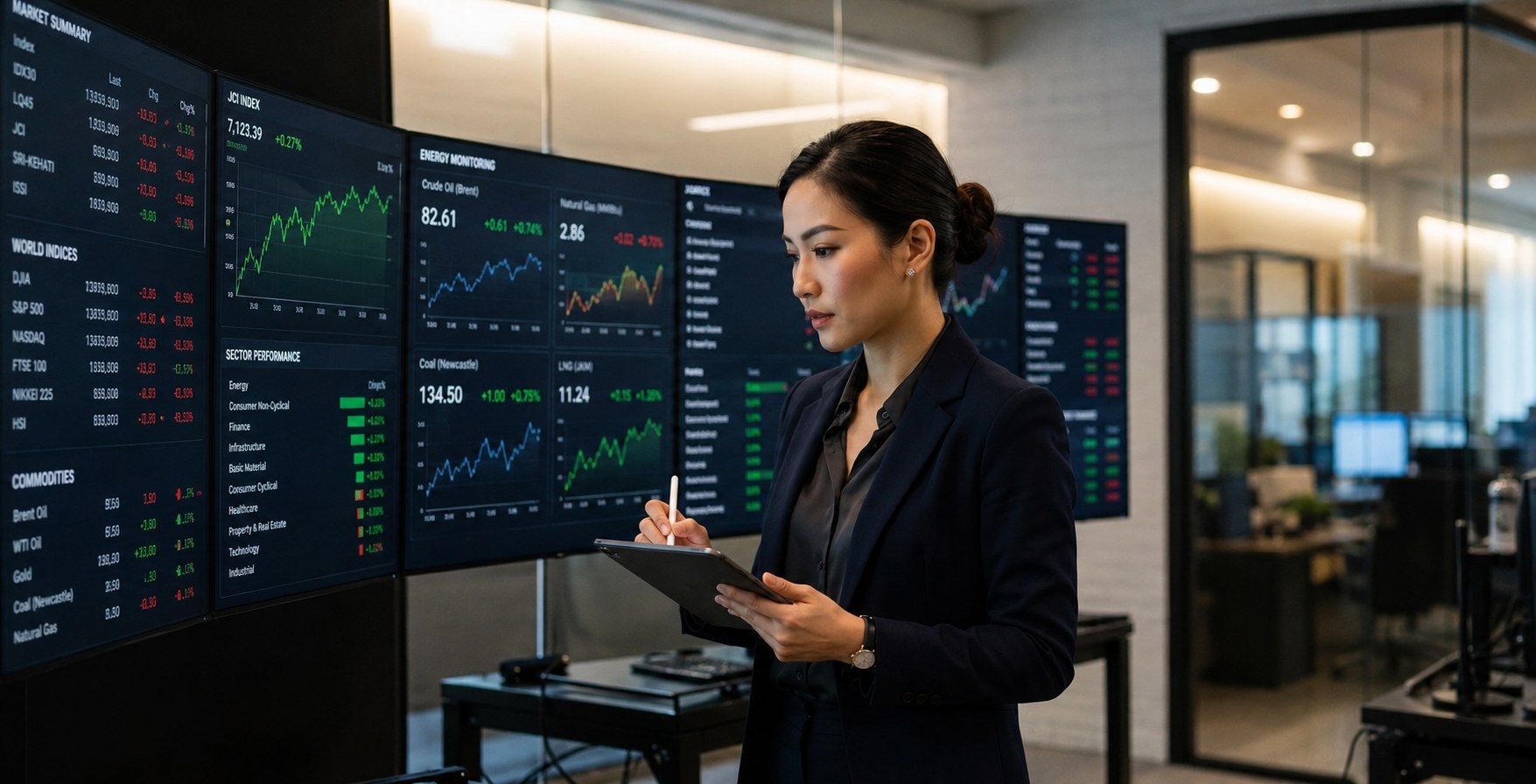 An advisor analyzing live capital markets data across multi-screen dashboards, the analytical foundation of Majapahit Group's cross-border investment advisory