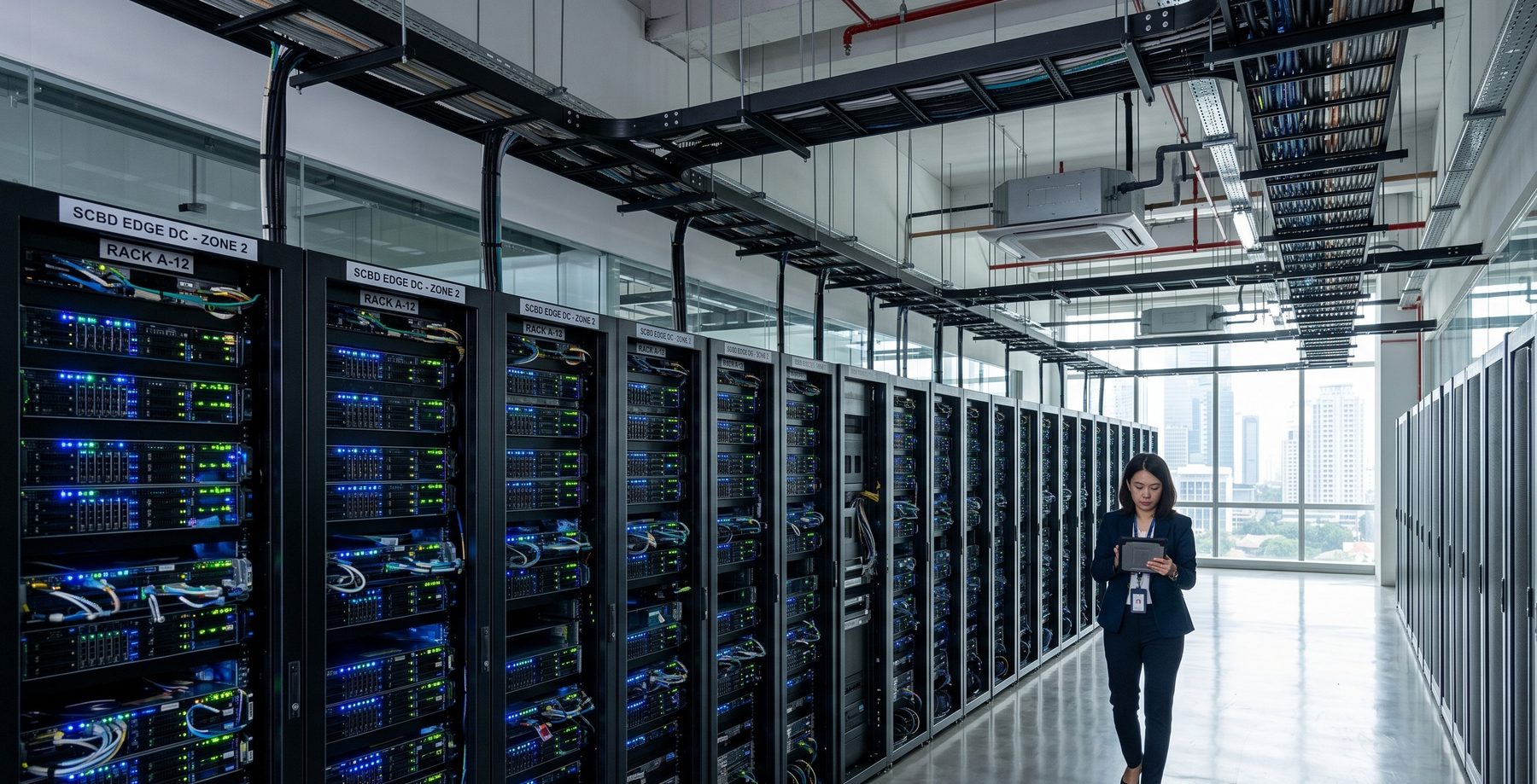 Data center server racks at an Indonesian technology facility, technology sector advisory
