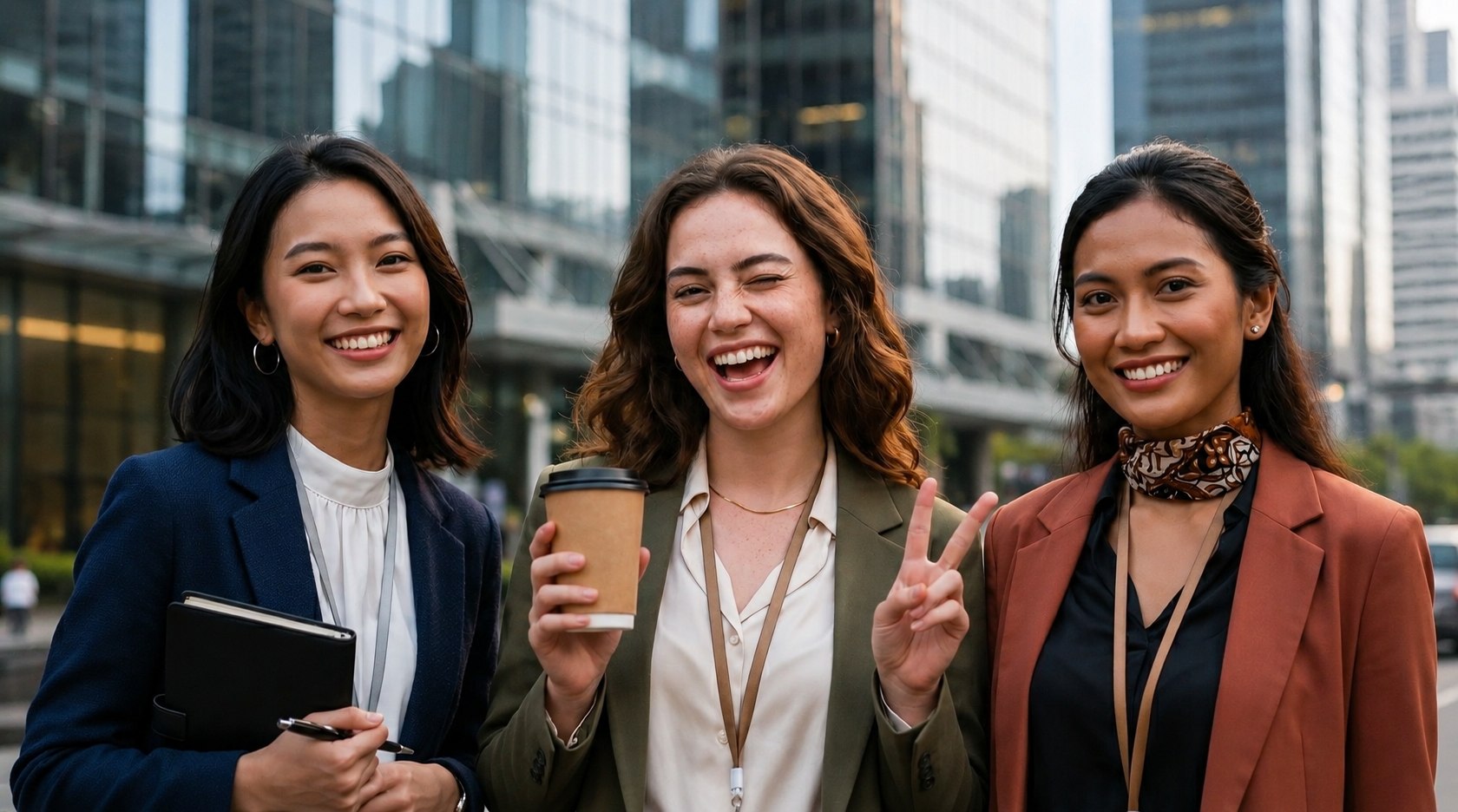 Three young women interns smiling in front of the Jakarta financial district skyline, the next generation of cross-border advisors at Majapahit Group, working at the intersection of US and Indonesian markets