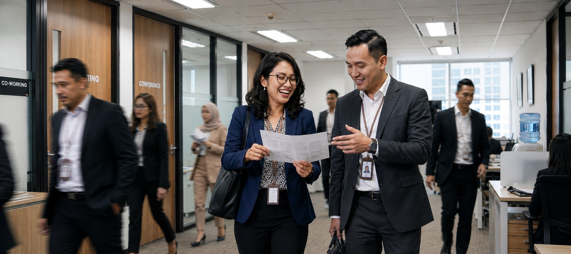 Majapahit Group professionals discussing a research brief while walking through the firm's Jakarta office, the dynamic, curiosity-driven culture at the heart of the US–Indonesia advisory practice