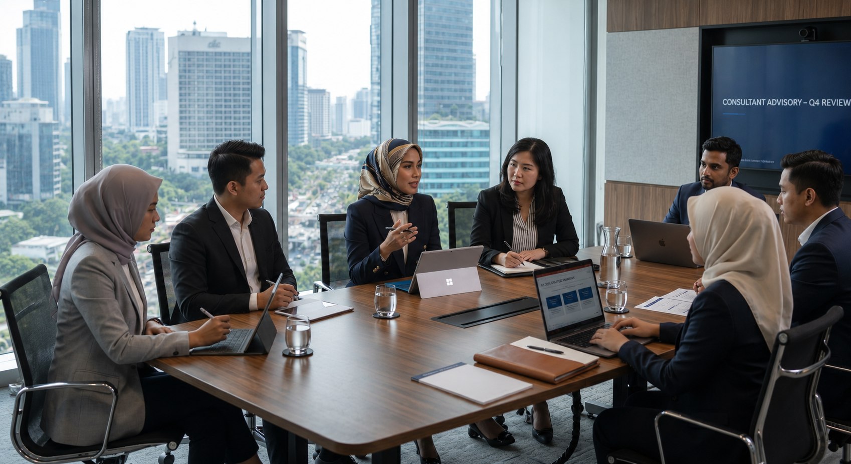 A diverse advisory team in a Jakarta high-rise conference room reviewing a consultant advisory brief, the multi-disciplinary collaboration at the heart of Majapahit Group's practice