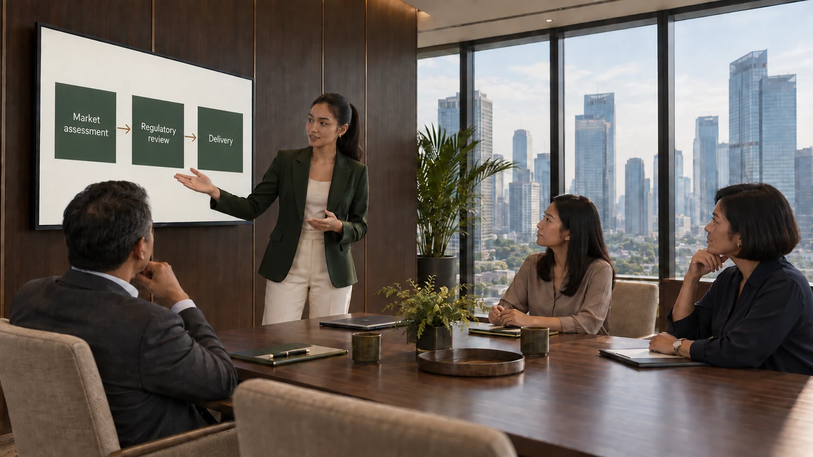Indonesian women professionals in a small boardroom discussion