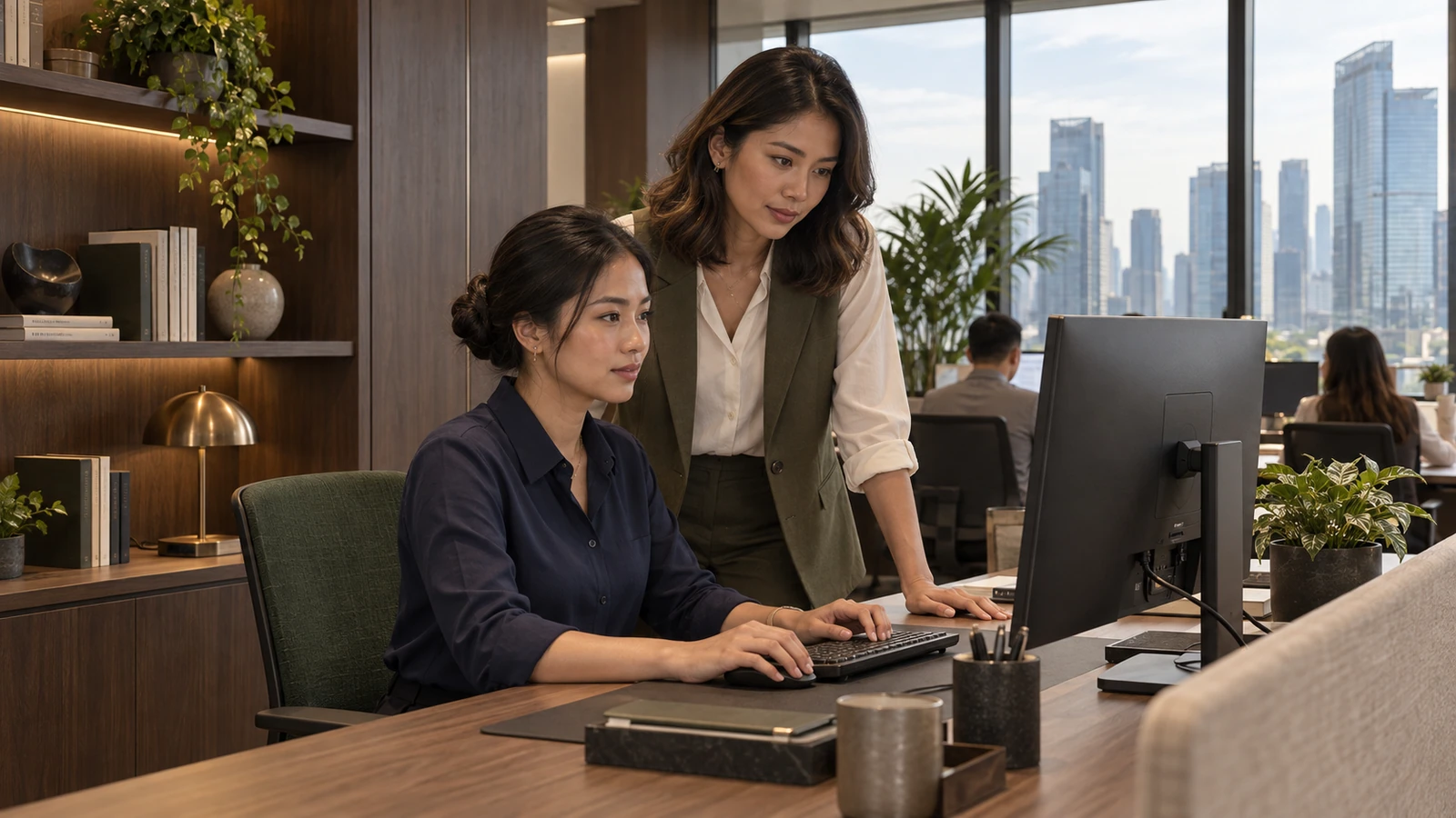 Indonesian women discussing research at a workstation