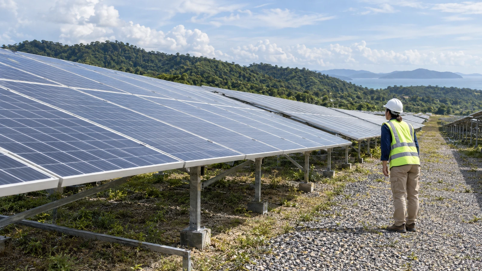 Indonesian woman visiting a solar installation