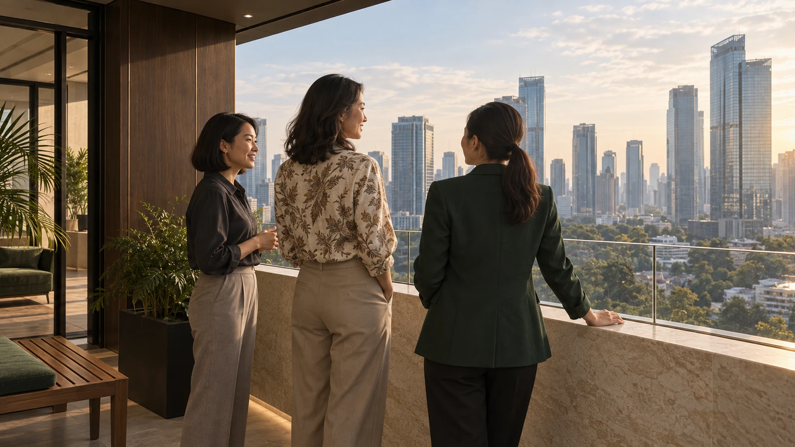 Indonesian colleagues sharing a city view from an office balcony