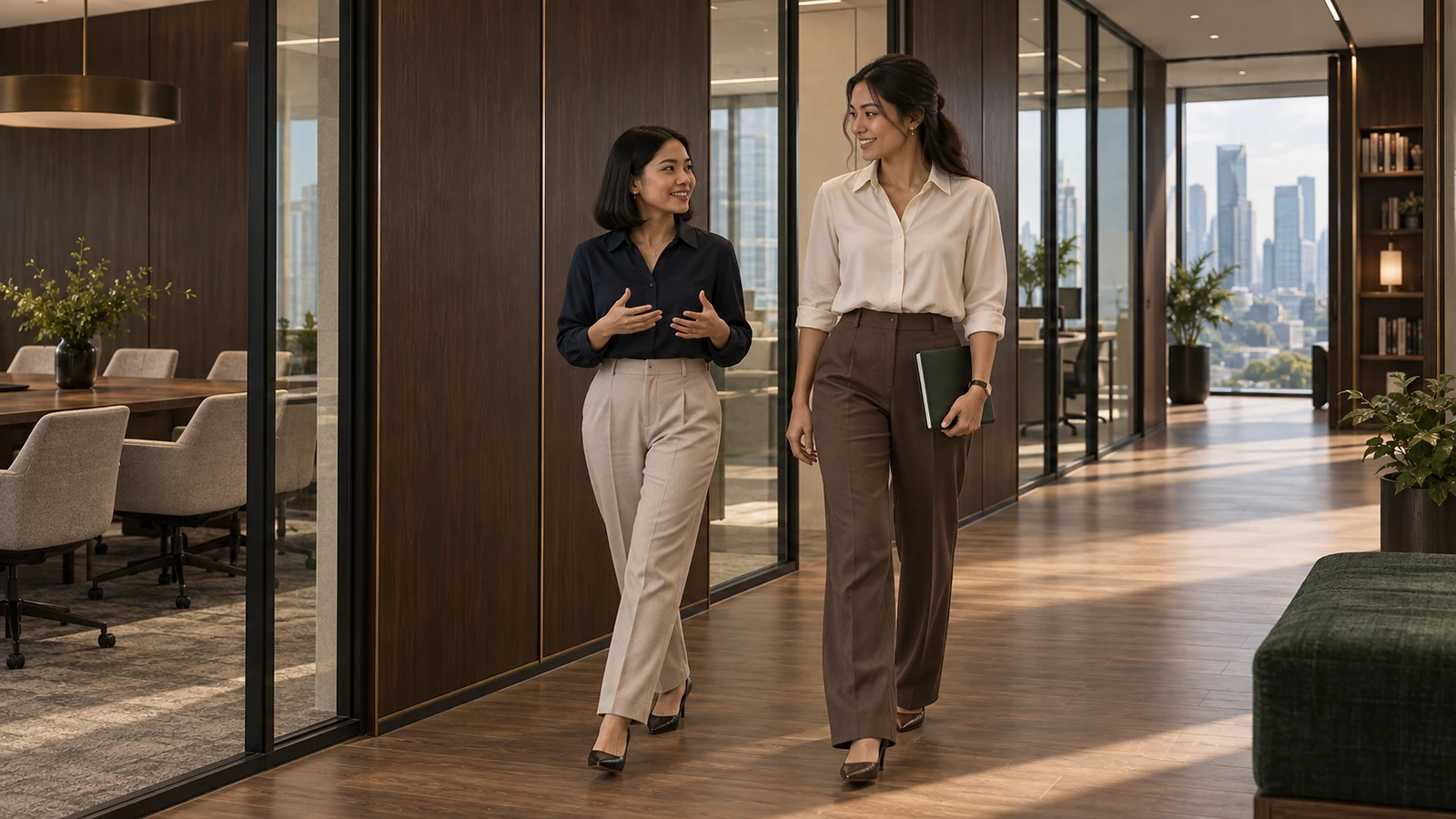 Two Indonesian women walking through a sunlit office corridor