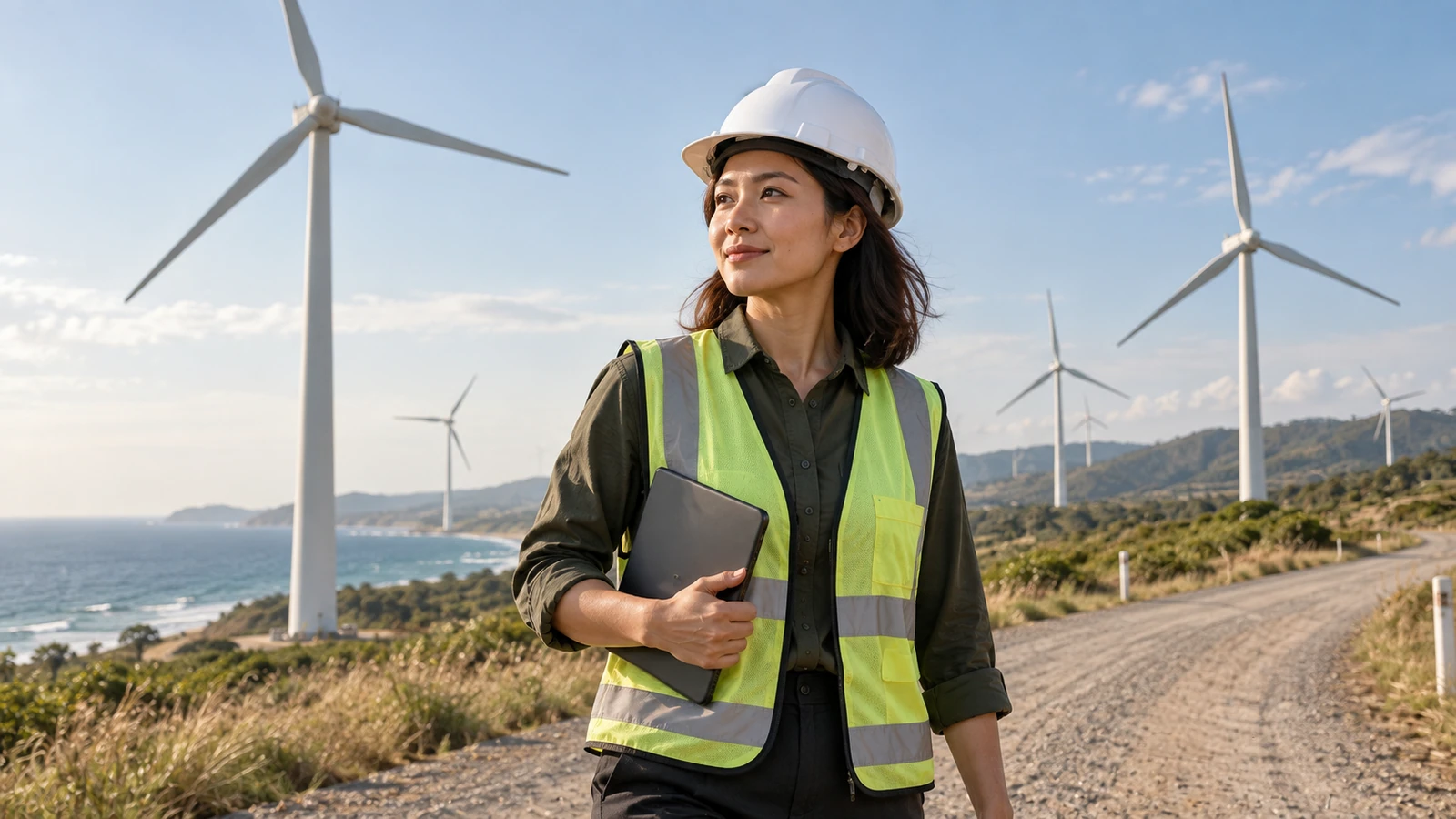 Indonesian woman inspecting a coastal wind project