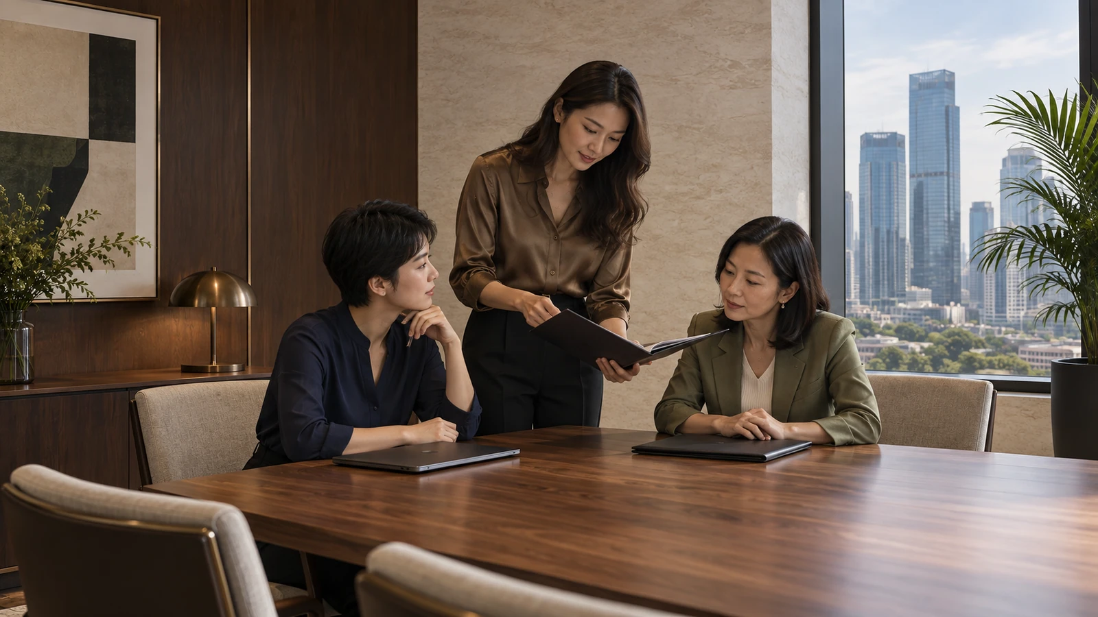 Three Indonesian women collaborating around a meeting table