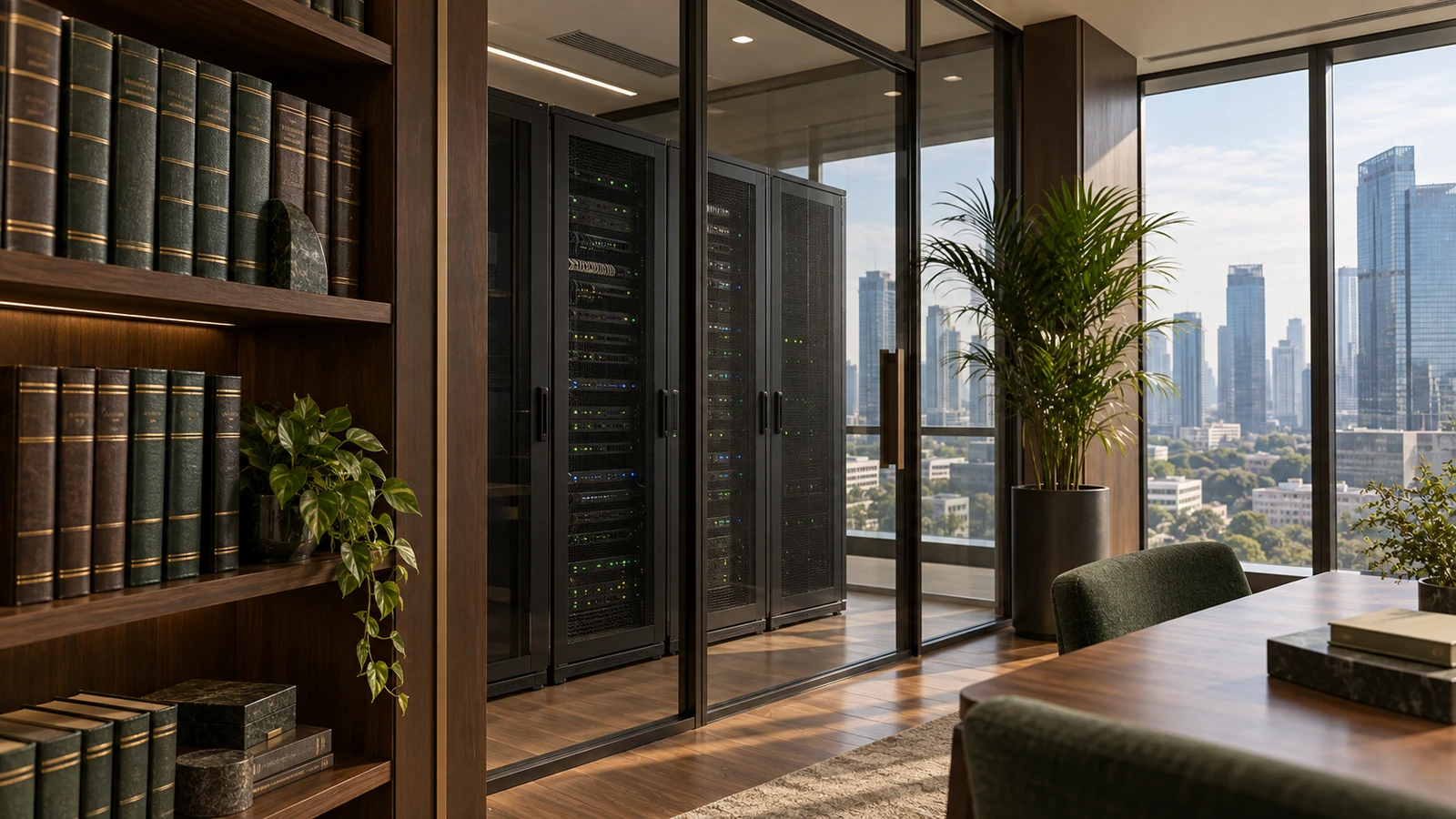 Detailed server racks behind a legal archive