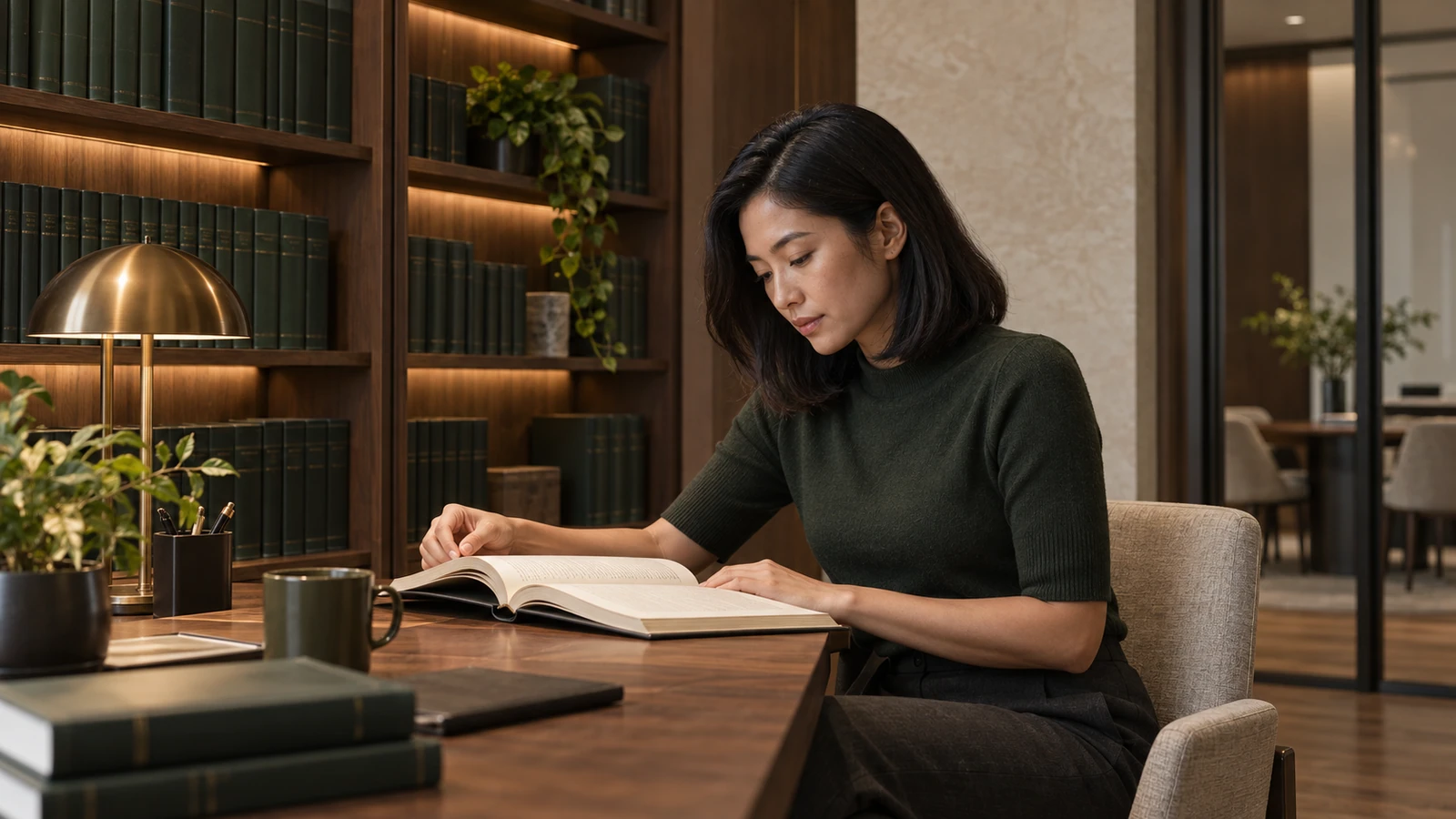 Indonesian woman researching law in a quiet library
