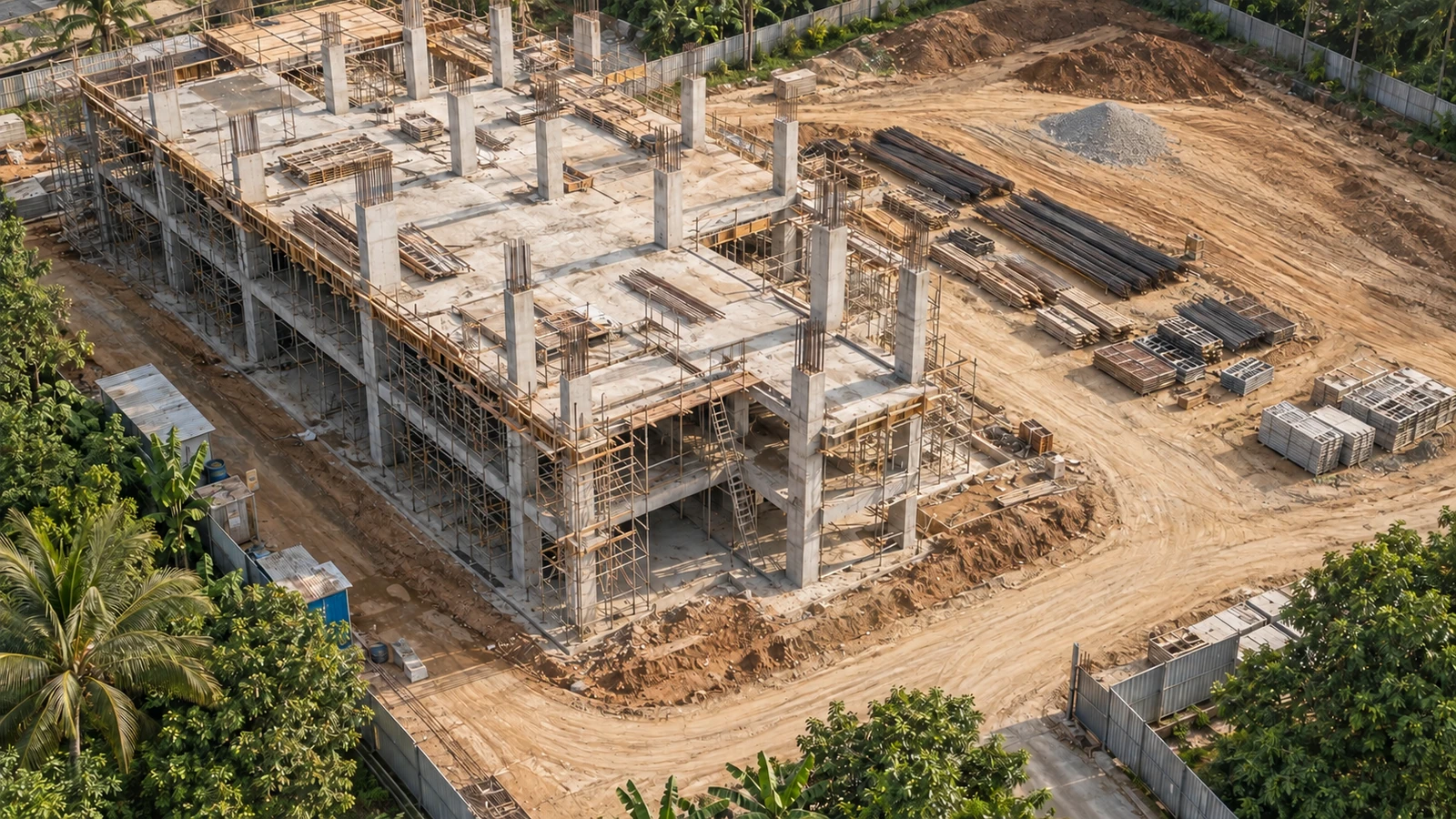 Aerial view of a construction site with concrete structures, access roads and tropical planting