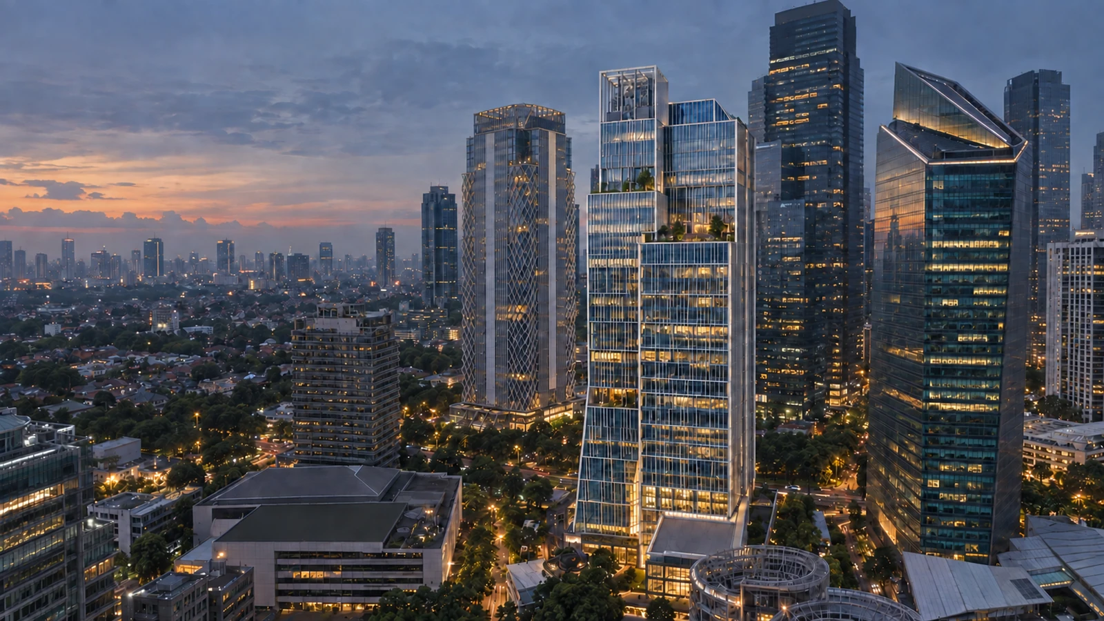 Illustrative evening view of Sequis Tower and the surrounding SCBD district in Jakarta