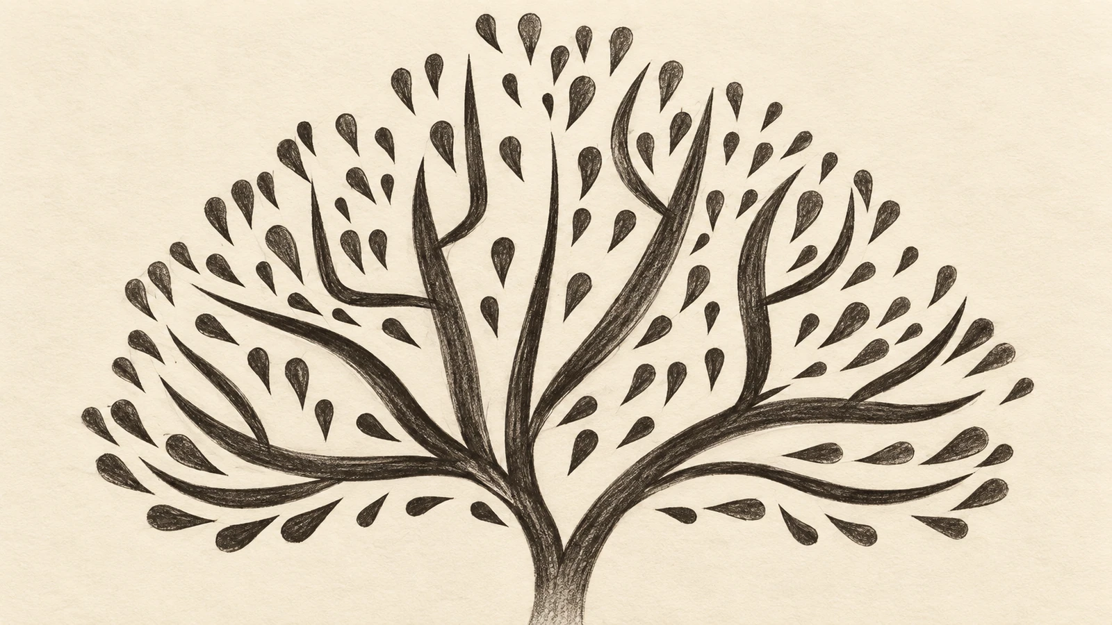 Charcoal study of the crest’s branching canopy and teardrop-shaped leaves