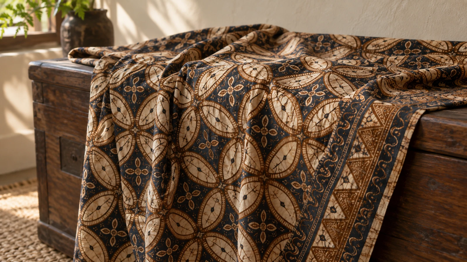 Close-up of hand-drawn batik cloth draped over a dark teak chest