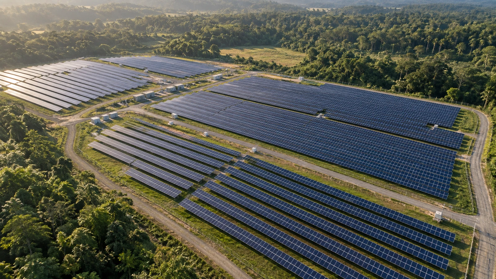 Oblique aerial view of orderly solar-panel arrays amid tropical greenery