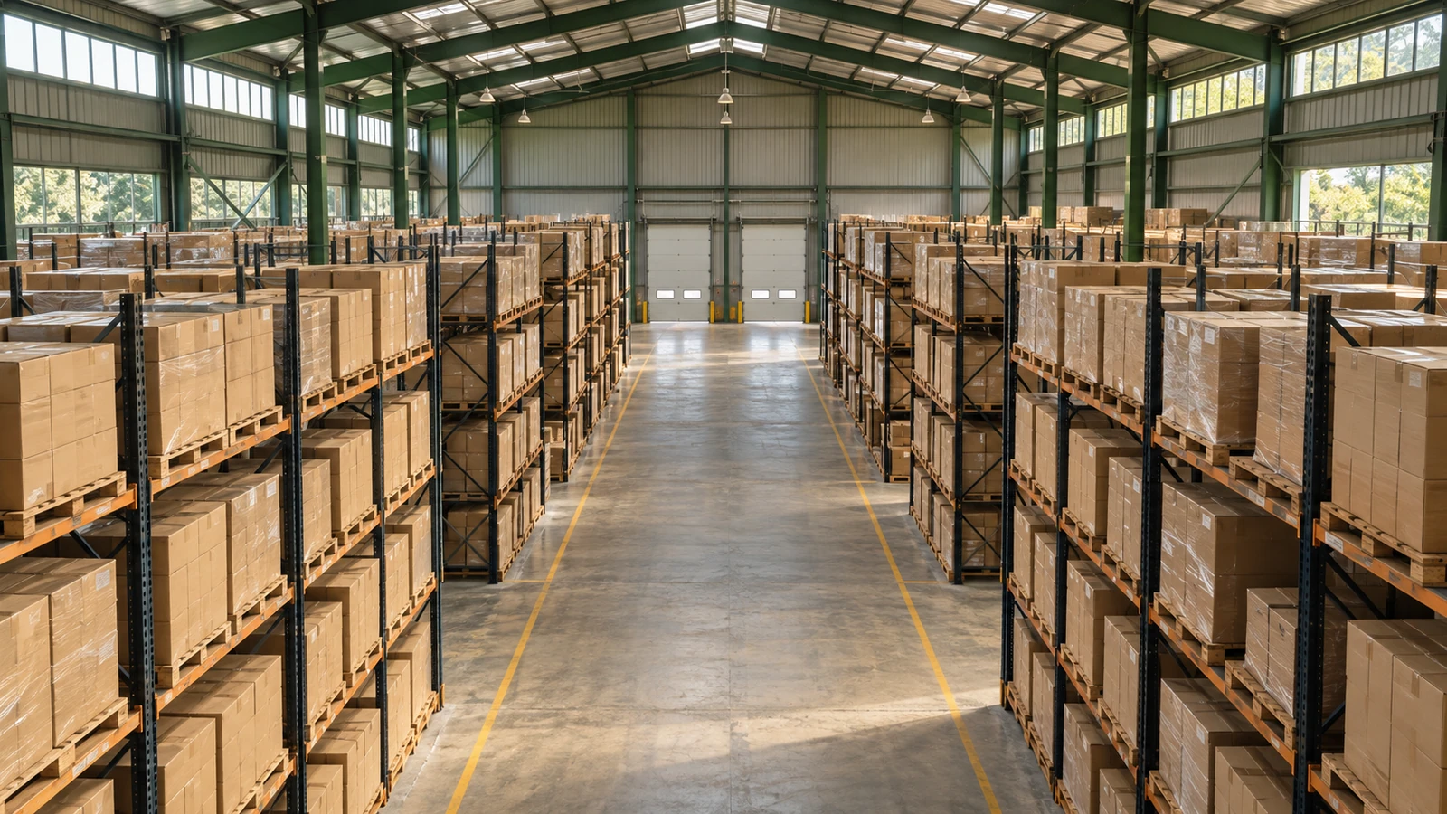 High-angle view across a modern warehouse with orderly pallet storage and loading bays