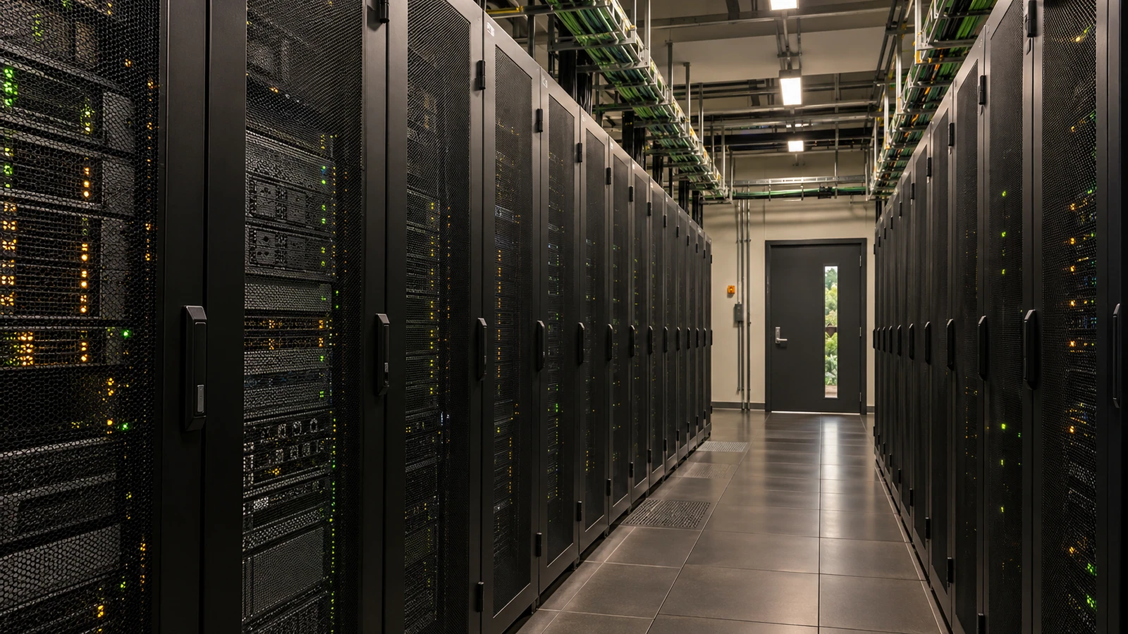 A quiet data-centre aisle lined with server racks and neatly routed cables