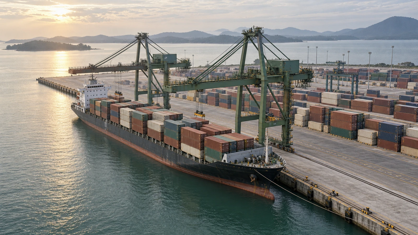Aerial view of an Indonesian container terminal beside calm coastal water