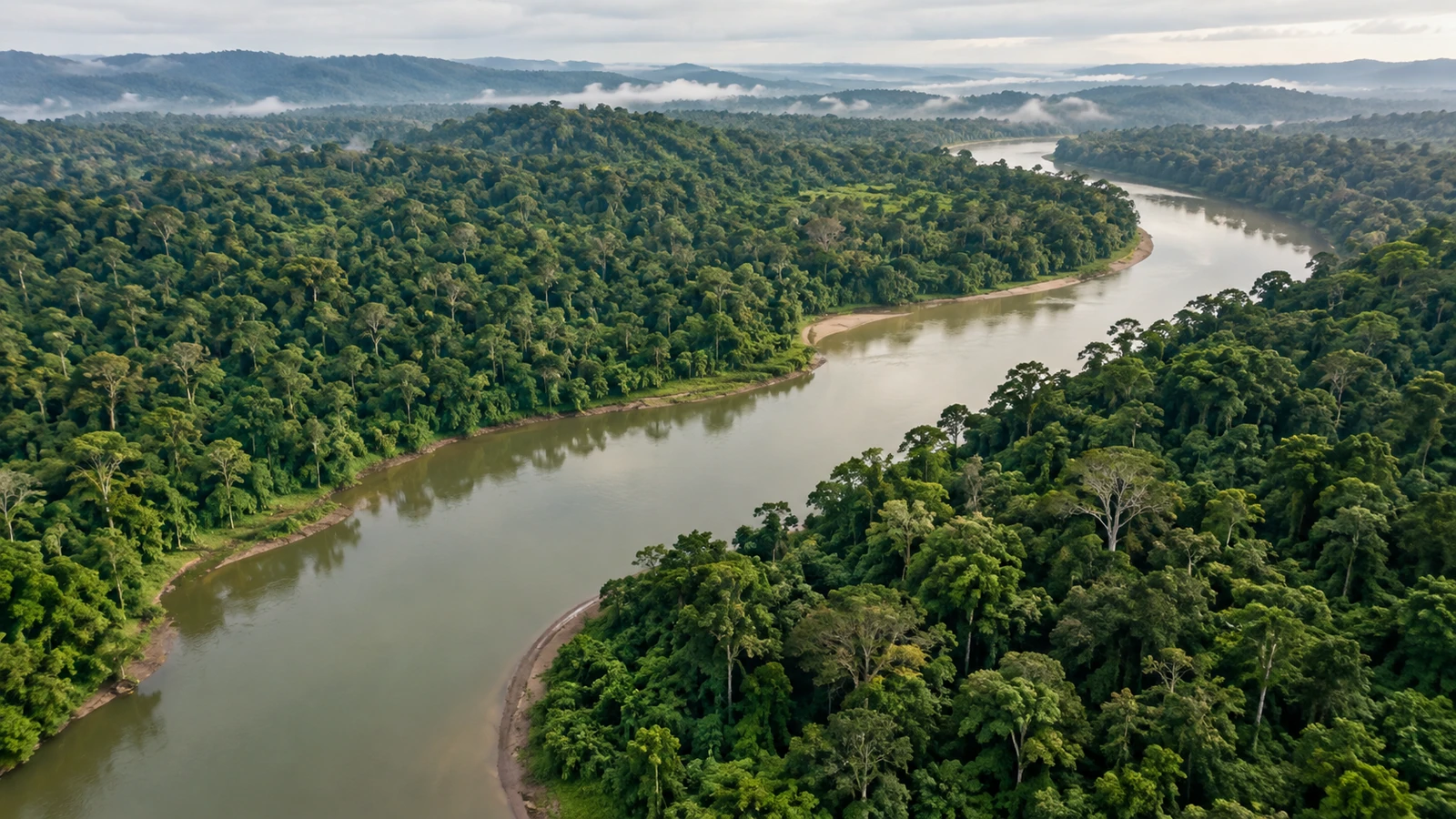 Tropical forest canopy surrounding a winding green river in Indonesia