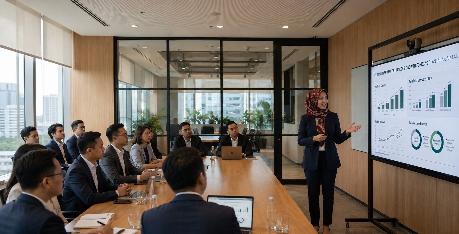 Senior Majapahit Group advisor presenting an investment strategy and growth forecast to a full boardroom in Jakarta, cross-border advisory in action