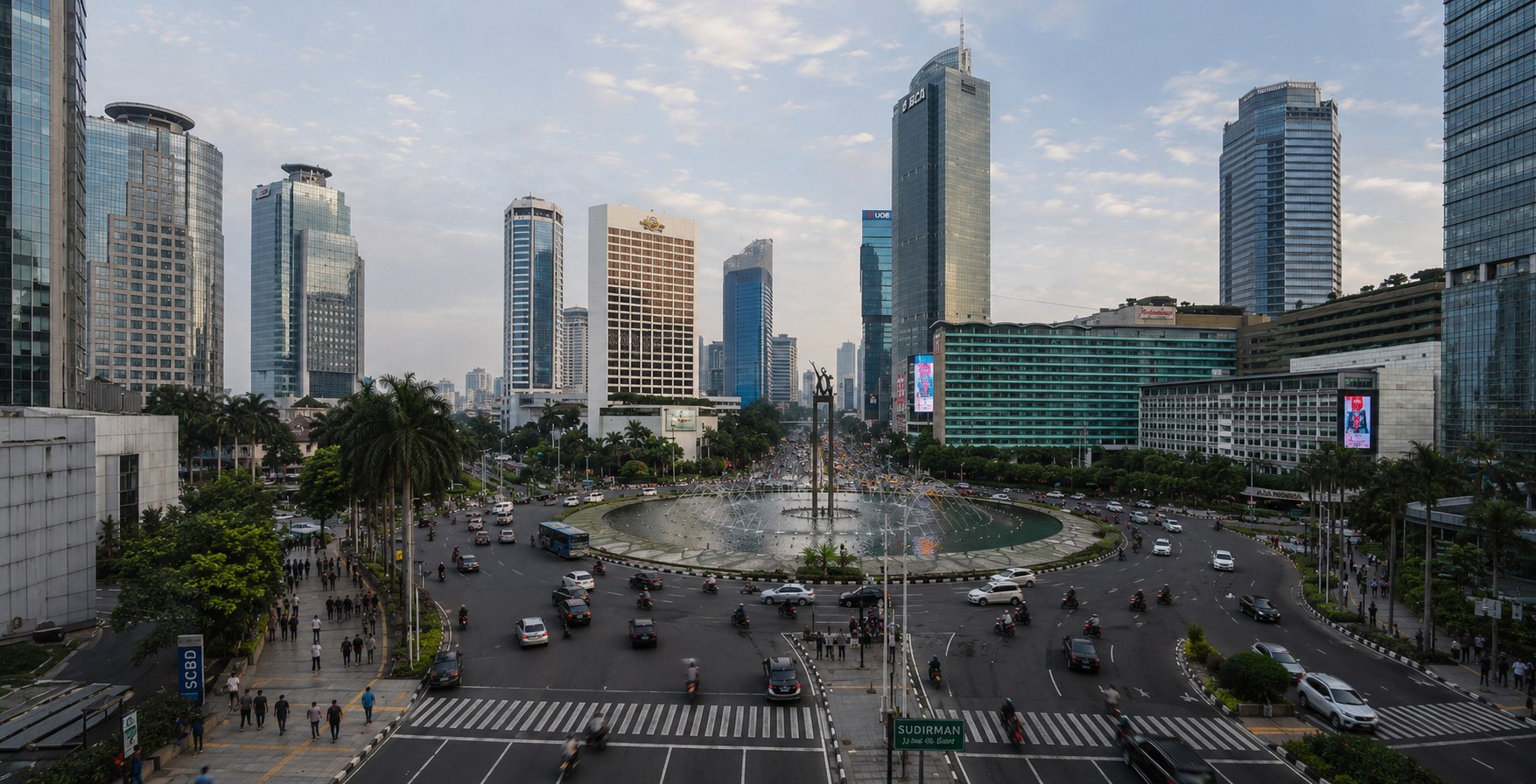 Jakarta's Bundaran HI roundabout with the Selamat Datang Welcome Monument and fountain ringed by Sudirman skyscrapers, the heart of Indonesia's capital markets and Majapahit Group's home market