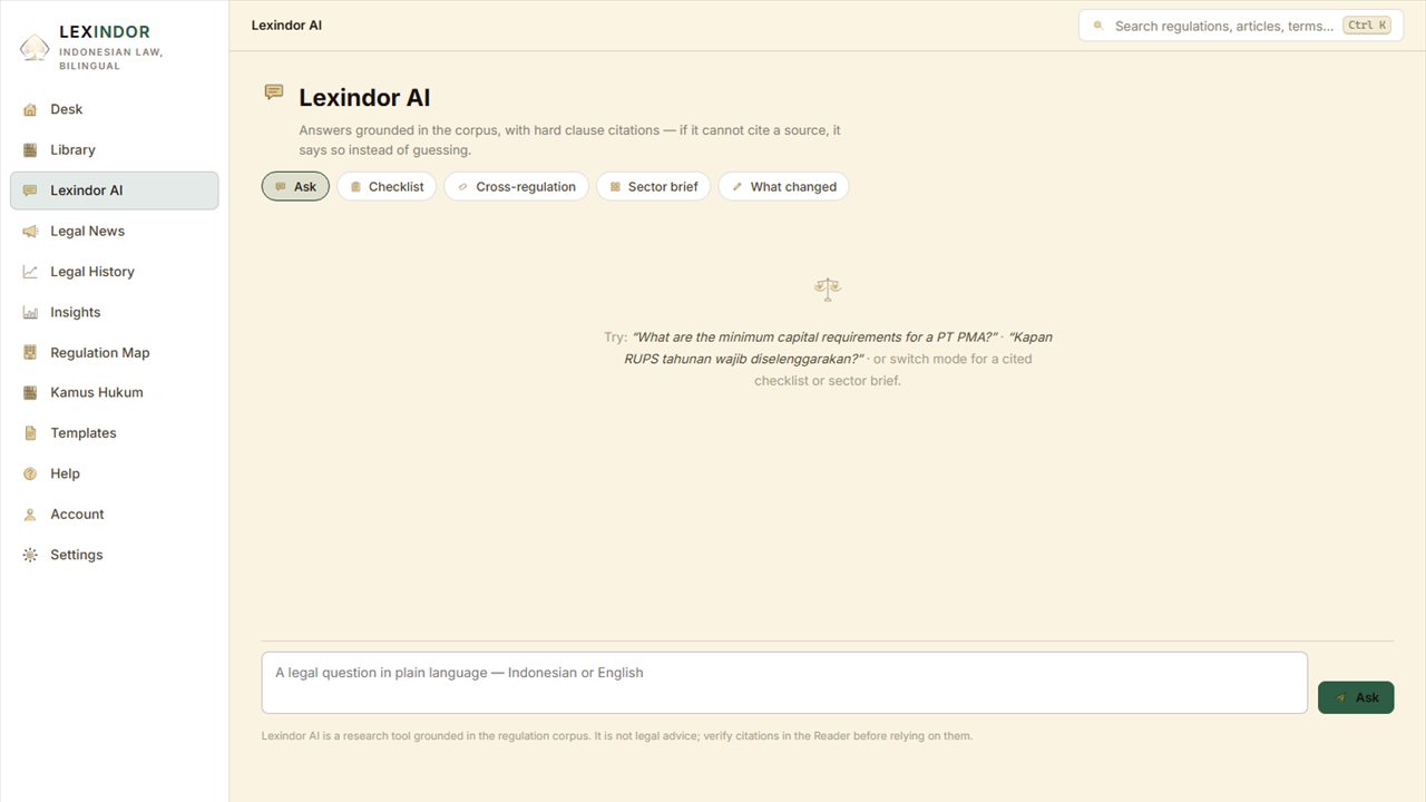 Lexindor AI screen offering ask, checklist, cross-regulation, sector brief and what-changed modes, with a plain-language question box in Indonesian or English