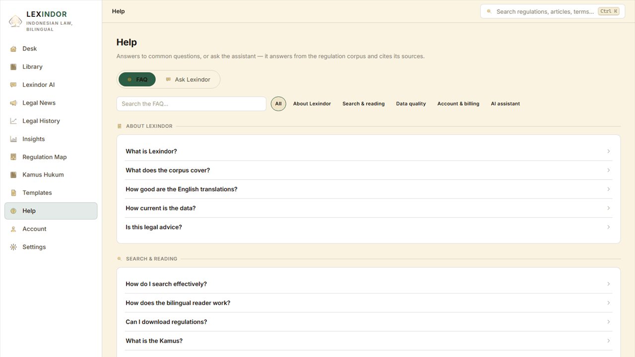 Lexindor help screen with an FAQ grouped into about Lexindor, search and reading, data quality, account and billing and AI assistant, alongside an Ask Lexindor tab that answers from the regulation corpus and cites its sources