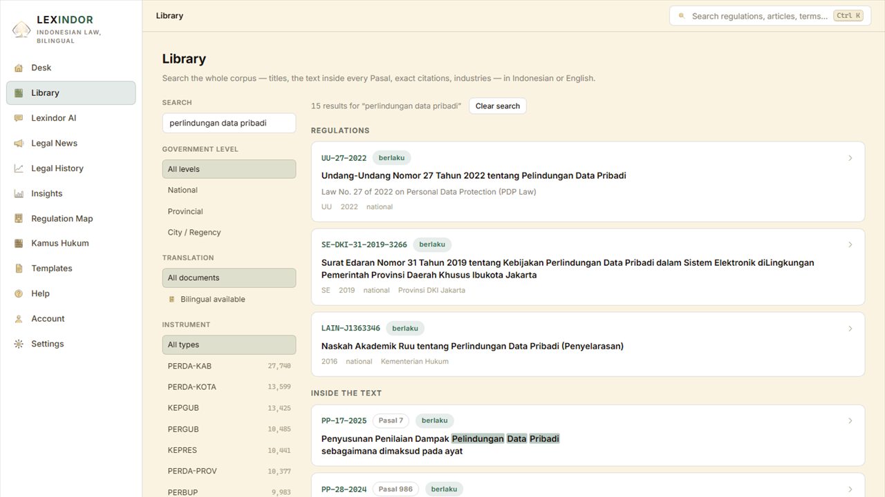 Lexindor library search for perlindungan data pribadi, showing matching regulations alongside in-text hits at Pasal level, with filters for government level, translation and instrument type