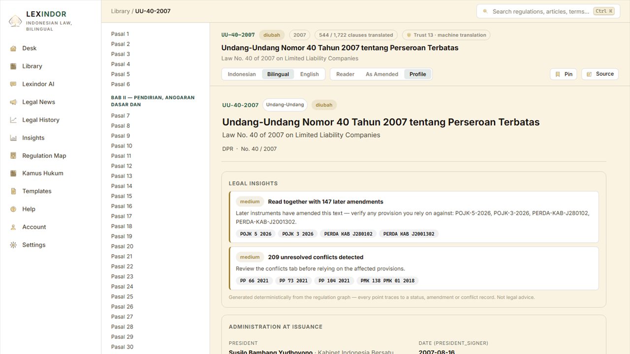 Lexindor profile of Law No. 40 of 2007 on Limited Liability Companies, with Indonesian, bilingual, English and as-amended views, 147 later amendments and 209 unresolved conflicts flagged
