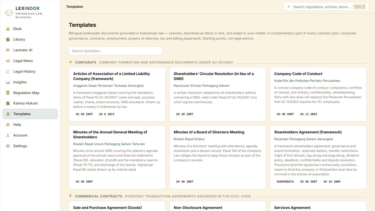 Lexindor templates library of bilingual Indonesian and English boilerplate documents, including articles of association, shareholders agreements and non-disclosure agreements, each tagged with the law it is grounded in