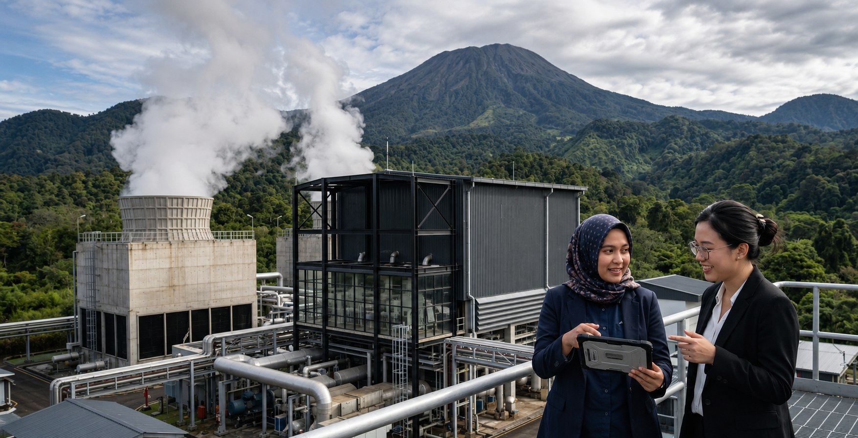 Two Majapahit Group advisors reviewing a tablet on the platform of an Indonesian geothermal power plant, with the volcano and steam stack behind them, natural resources and energy transition sector careers