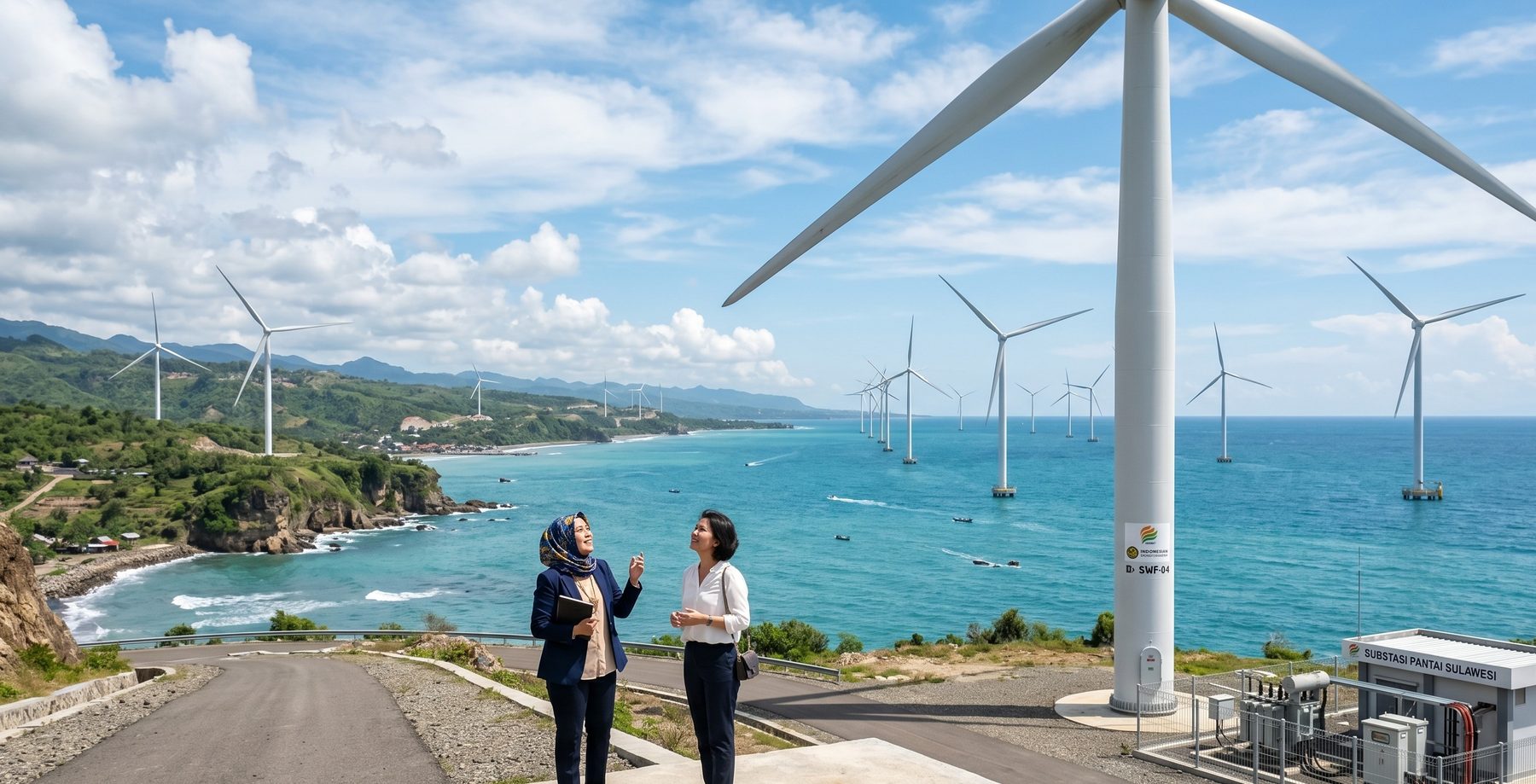 Offshore wind farm on the Indonesian coast, sustainable energy project finance