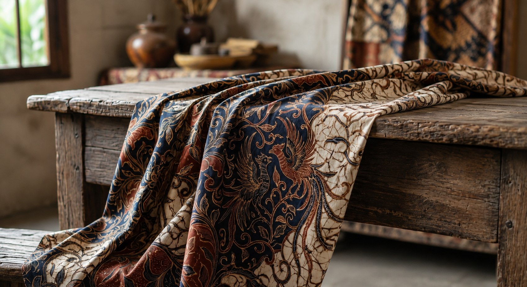 Indonesian heritage batik textile draped on a hand-crafted wooden bench, symbolizing the generational wealth and cultural legacy stewarded through Majapahit Group's family office advisory