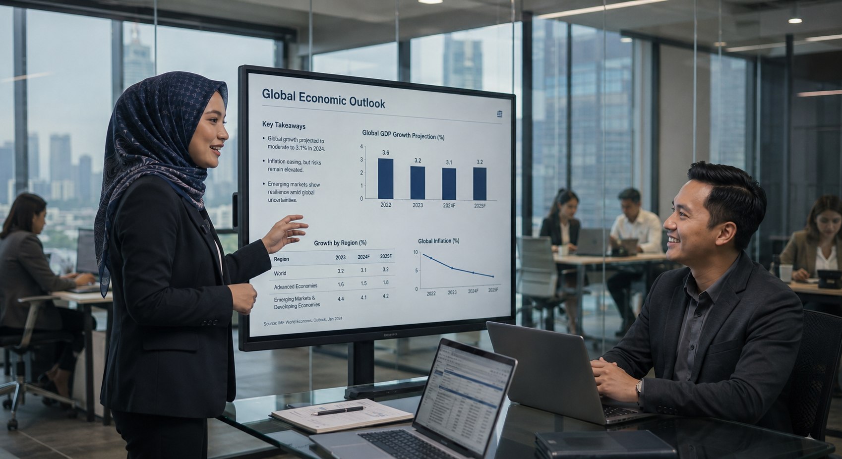 Majapahit Group advisor presenting Global Economic Outlook with GDP growth projections to an international financing client, cross-border market analytics in action
