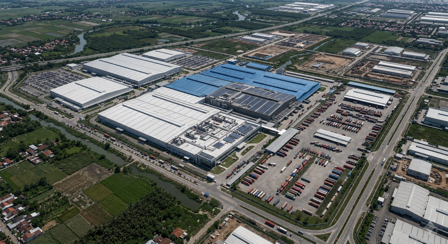 Aerial view of a major Indonesian industrial and logistics complex with container yards and manufacturing facilities, supporting US–Indonesia trade compliance, customs advisory, and market entry