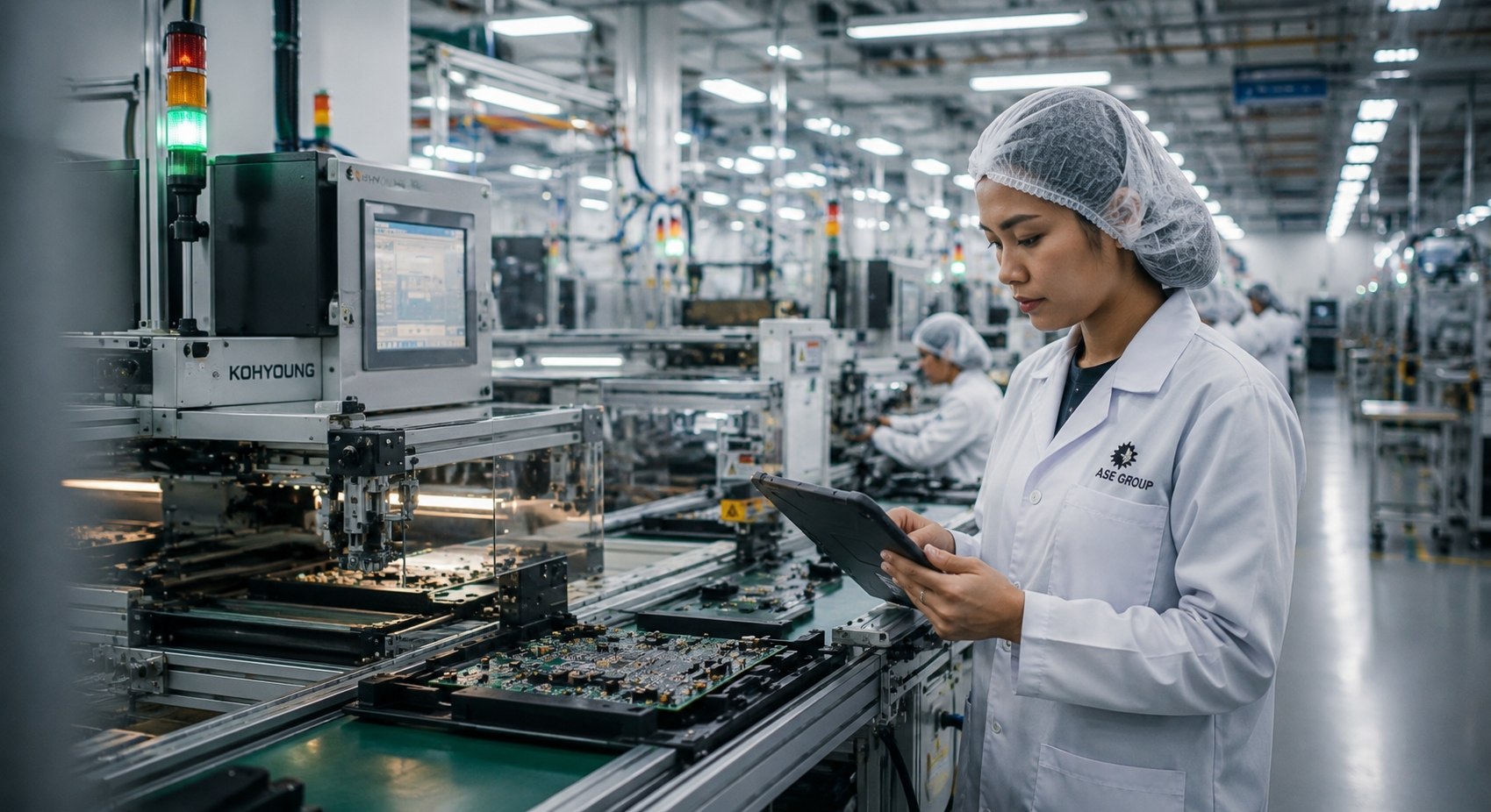 Engineer reviewing high-precision electronics manufacturing on the production line, operational strategy and market entry execution supported by Majapahit Group strategic consulting